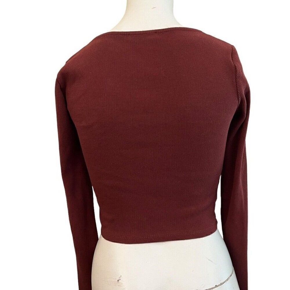 Zara Medium Burgundy Ribbed Long Sleeve Cropped BodyCon Shirt Stretch Maroon - Picture 2 of 4